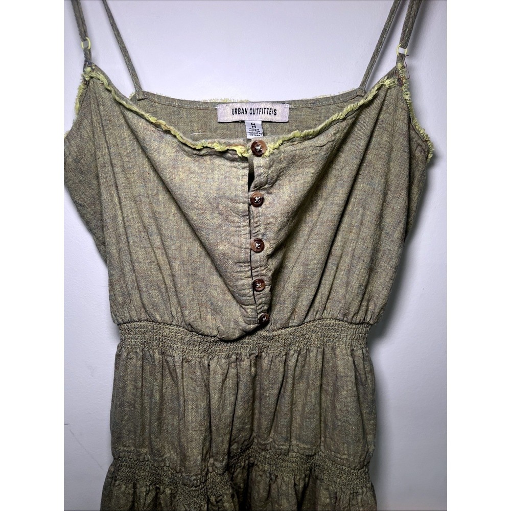 Urban Outfitters Linen Blend Midi Dress Sage Olive Green Smocked Button Front M - Picture 5 of 13